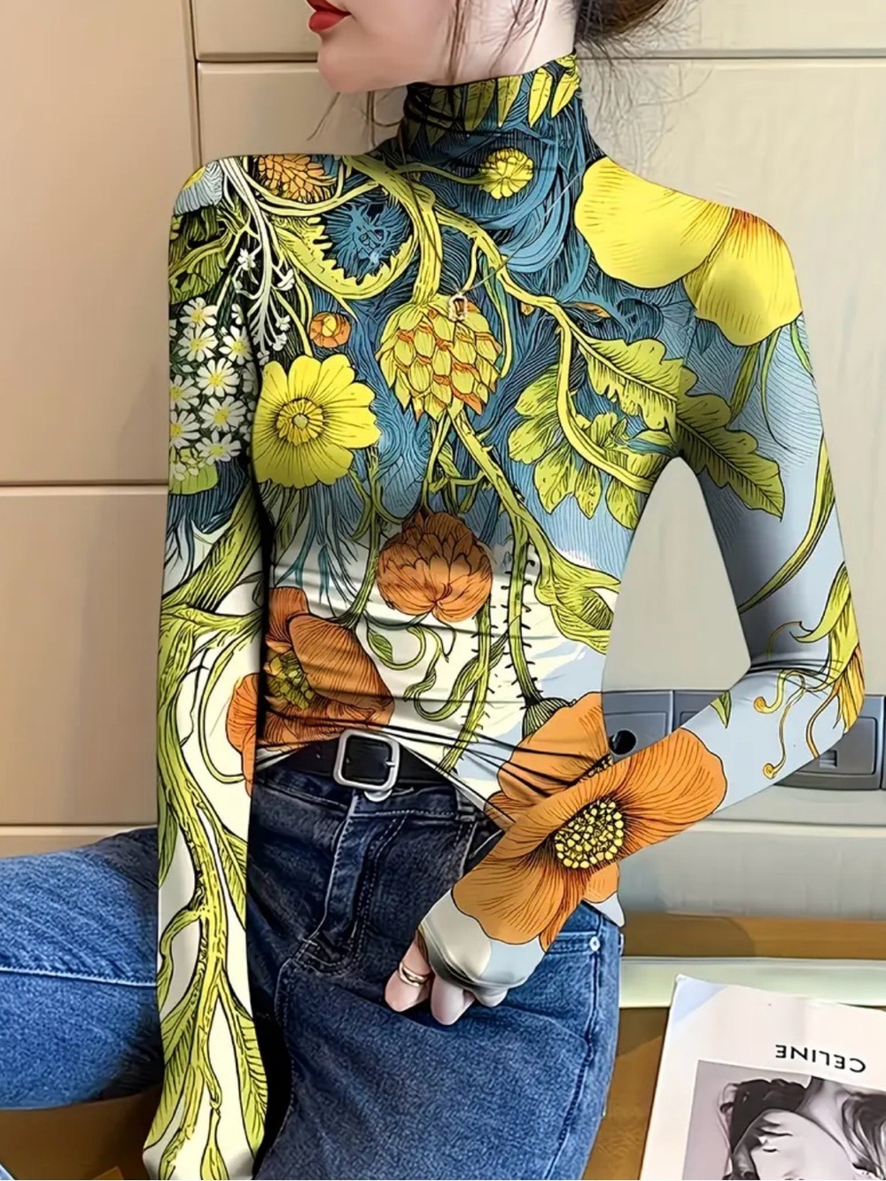 Floral Print Mock Neck Long Sleeve Top - Yellow & Blue